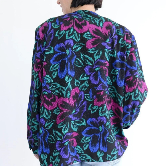 Vintage Lady Dame Plus Black with Floral Design Long Sleeve Button Up Blouse XL - Picture 4 of 14